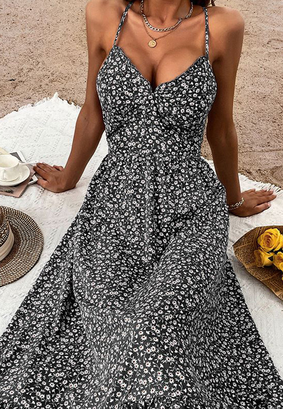 Cross Back Floral Print V Neck Summer Midi Dress Mid-Calf Length – Anna-Kaci