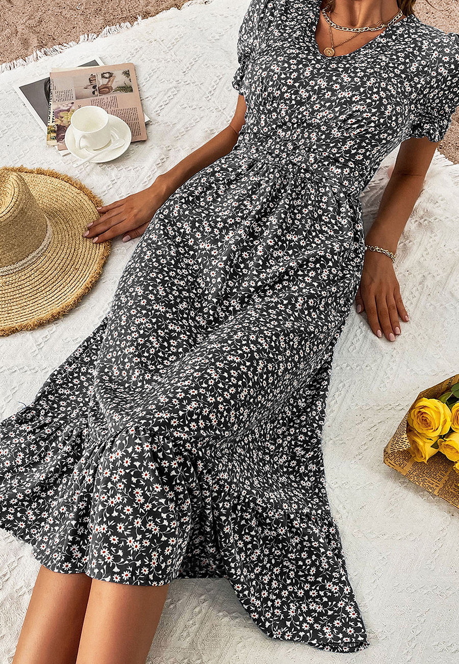 V Neck Ruffle Hem Midi Dress