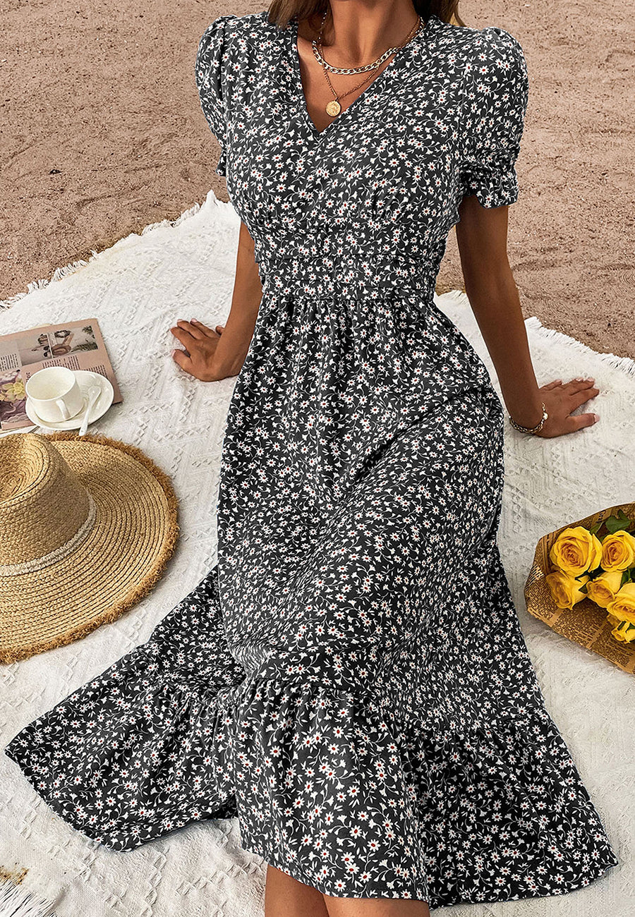 V Neck Ruffle Hem Midi Dress