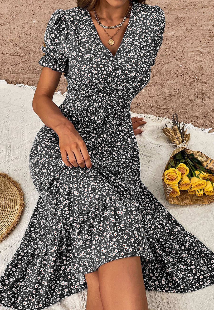 V Neck Ruffle Hem Midi Dress