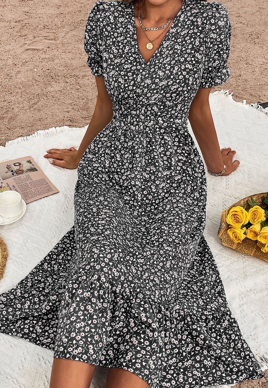 V Neck Ruffle Hem Midi Dress