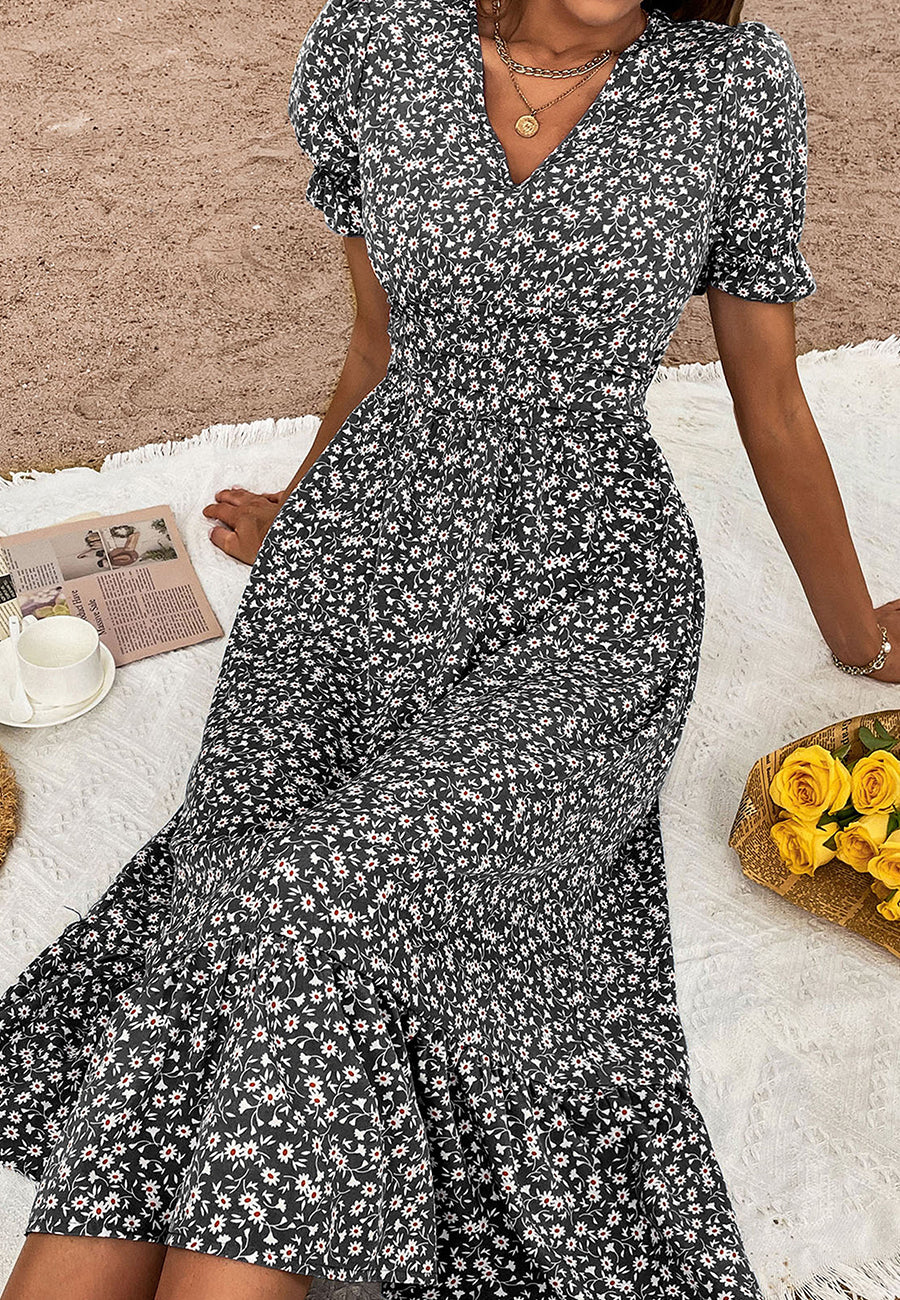 V Neck Ruffle Hem Midi Dress