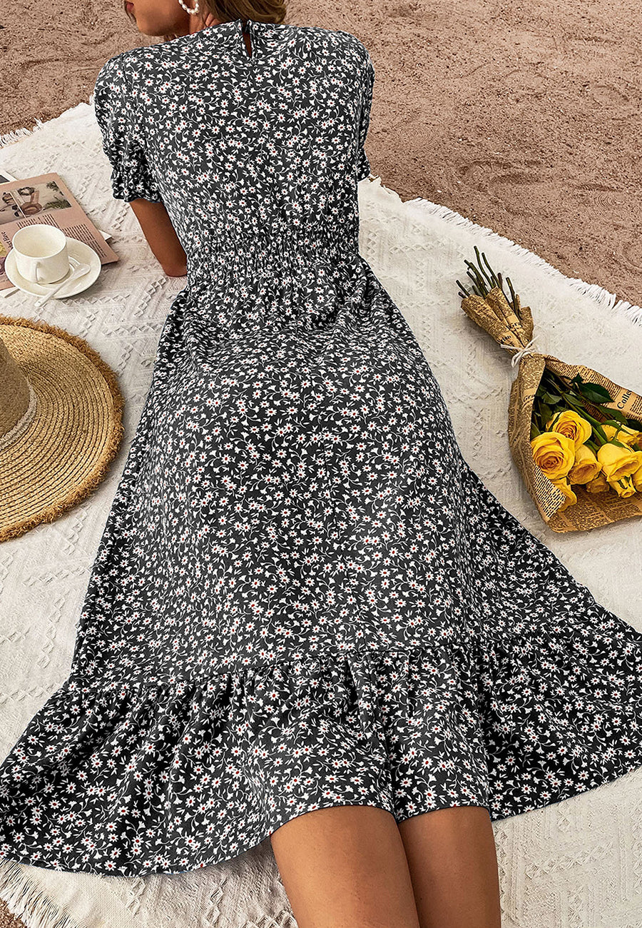V Neck Ruffle Hem Midi Dress