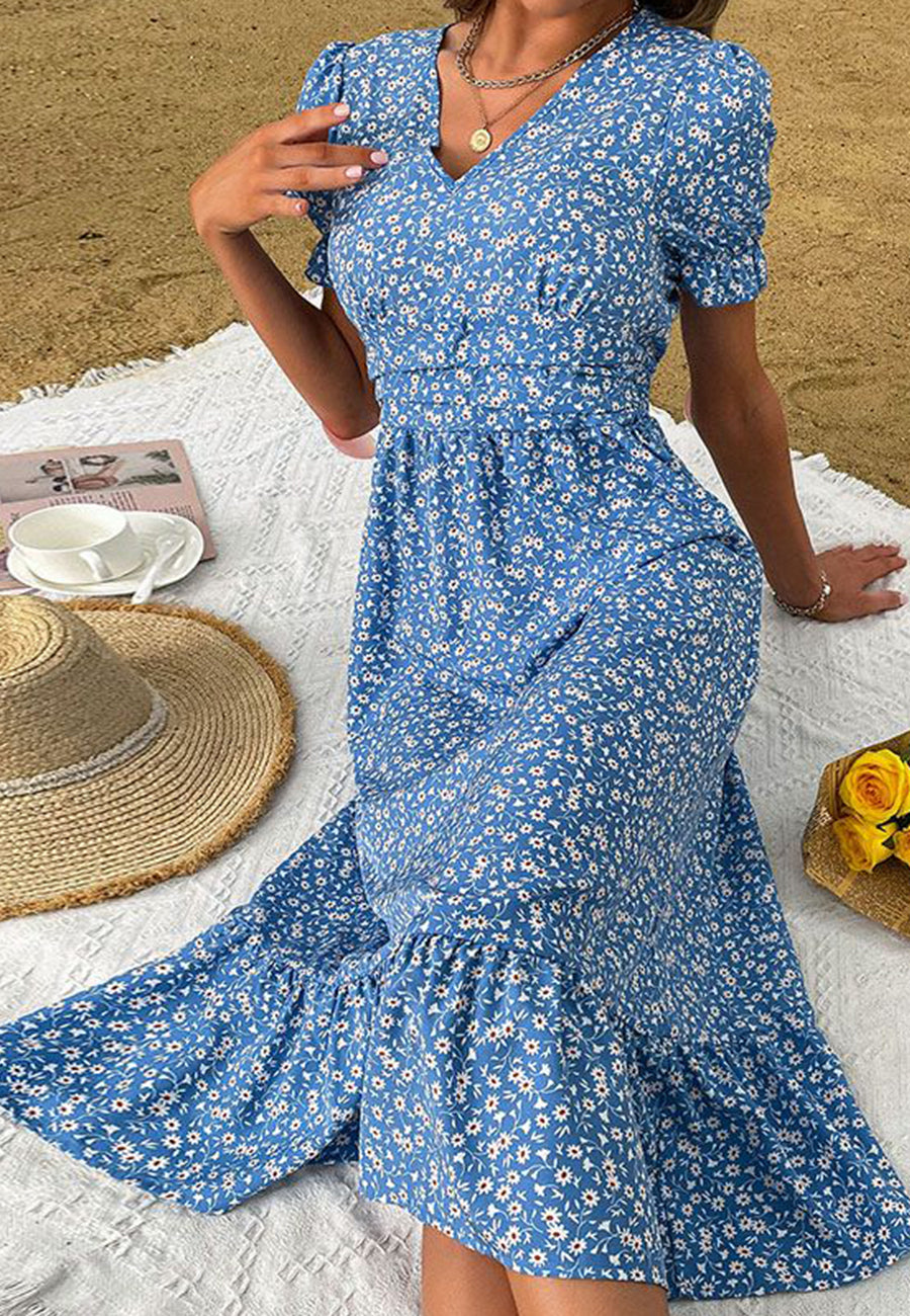 V Neck Ruffle Hem Midi Dress