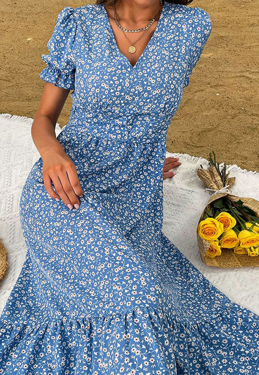 V Neck Ruffle Hem Midi Dress