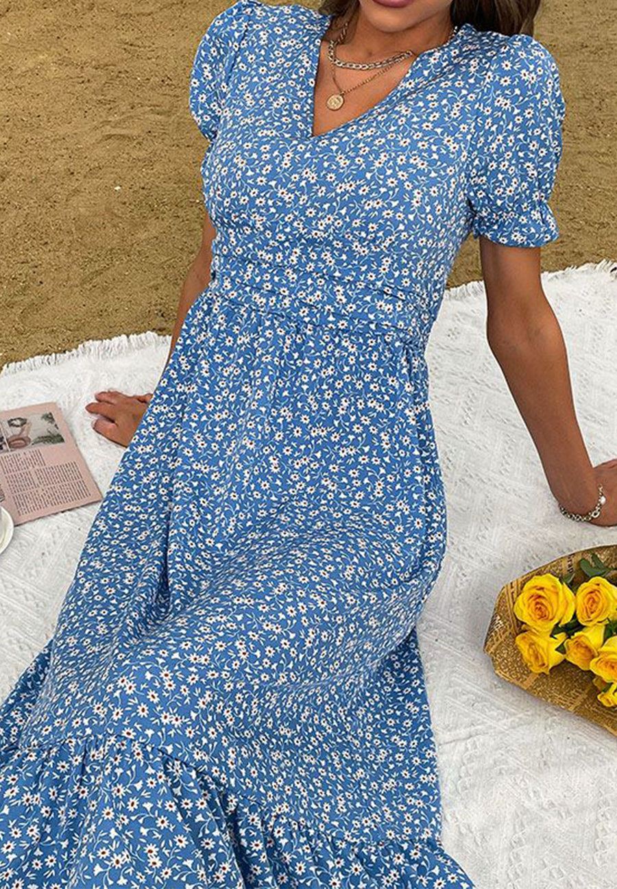 V Neck Ruffle Hem Midi Dress