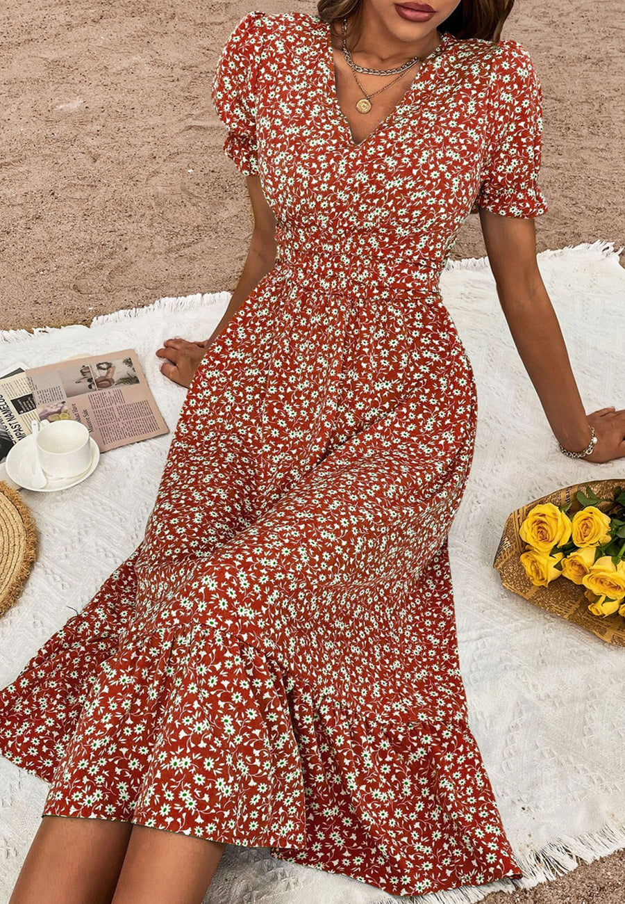 V Neck Ruffle Hem Midi Dress