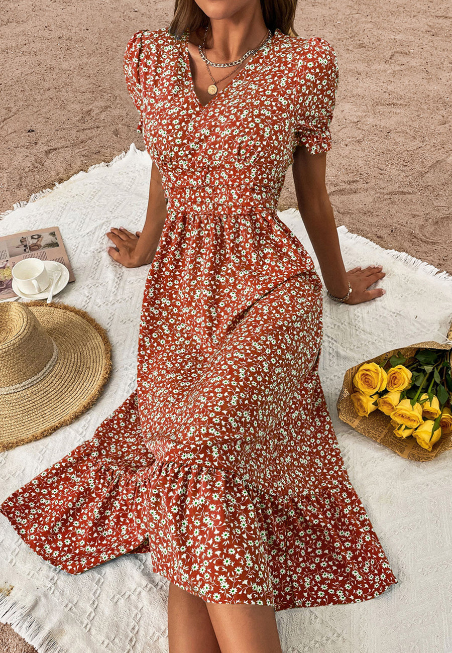 V Neck Ruffle Hem Midi Dress