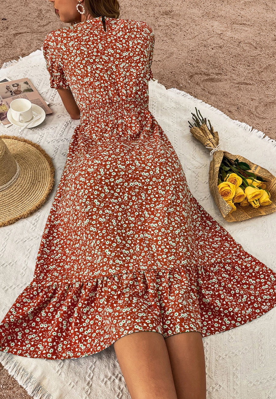 V Neck Ruffle Hem Midi Dress