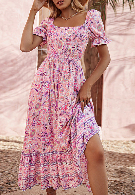 Vestido midi con escote cuadrado y estampado floral