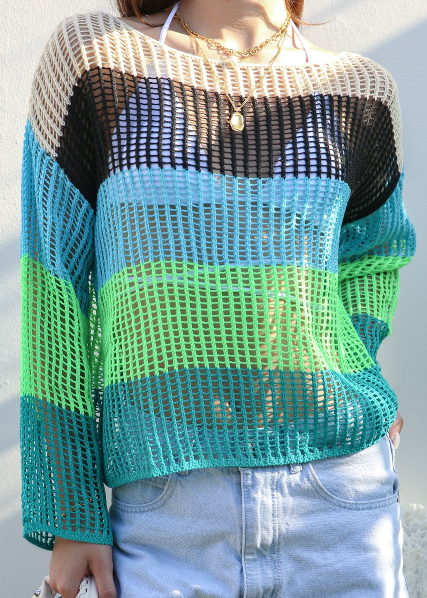 Suéter de crochet de rayas multicolor