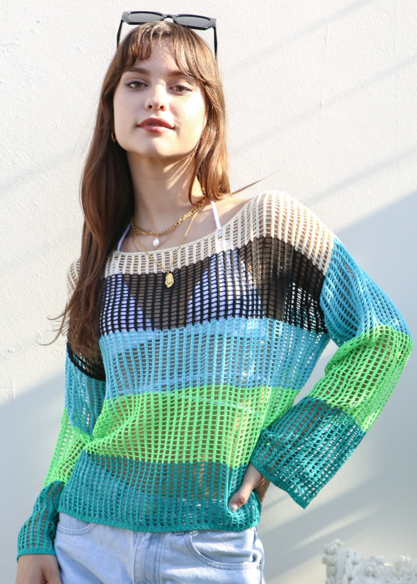Suéter de crochet de rayas multicolor
