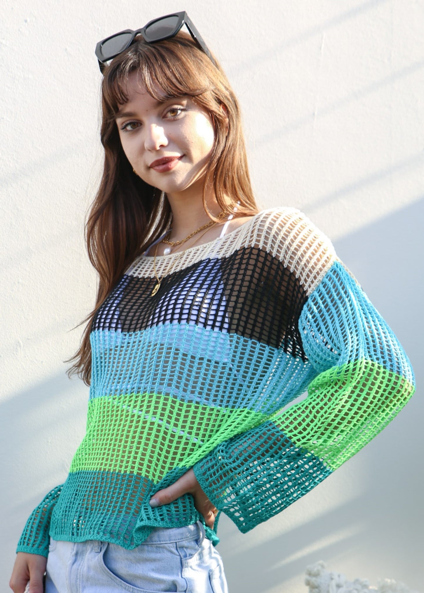 Suéter de crochet de rayas multicolor