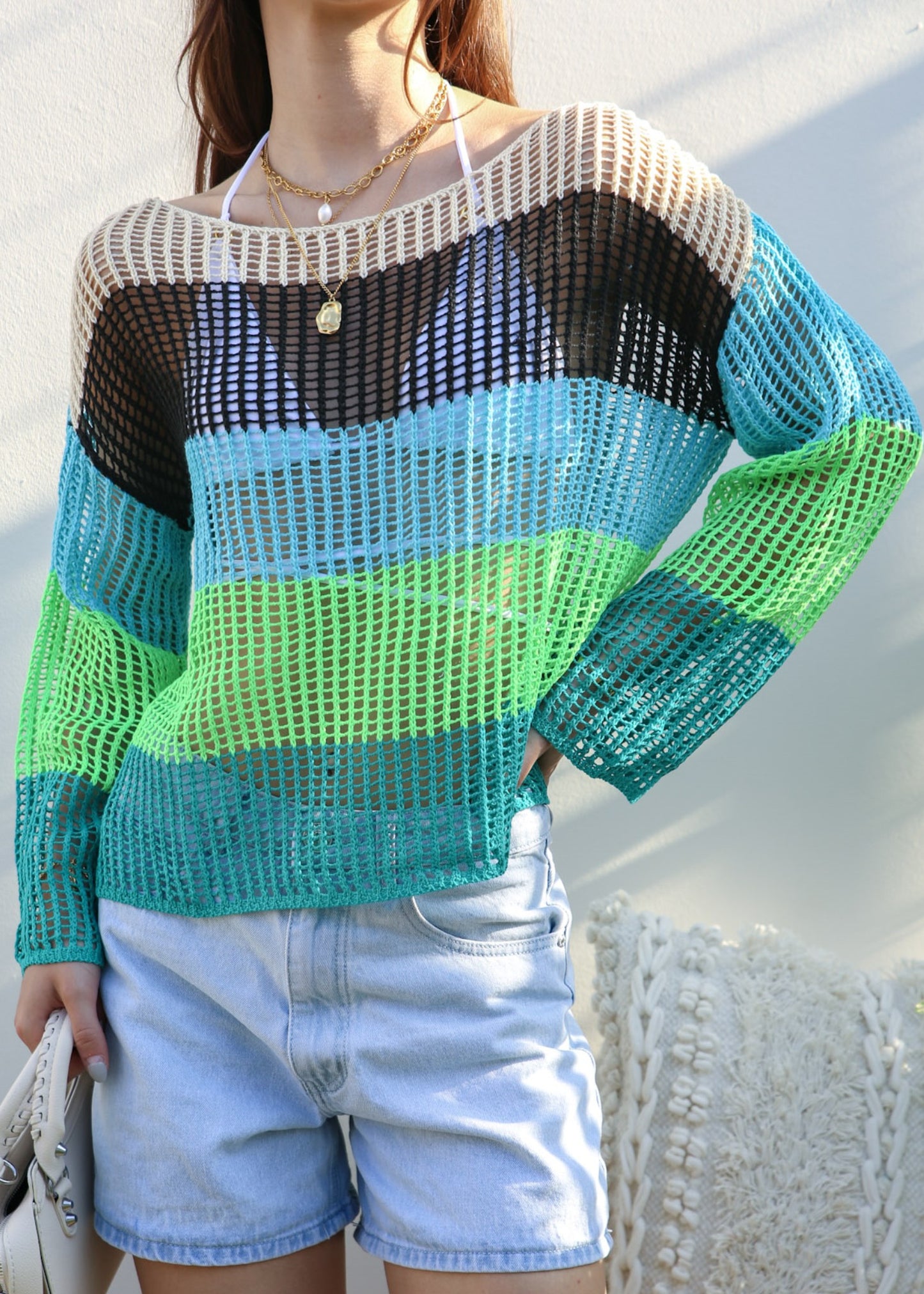 Suéter de crochet de rayas multicolor