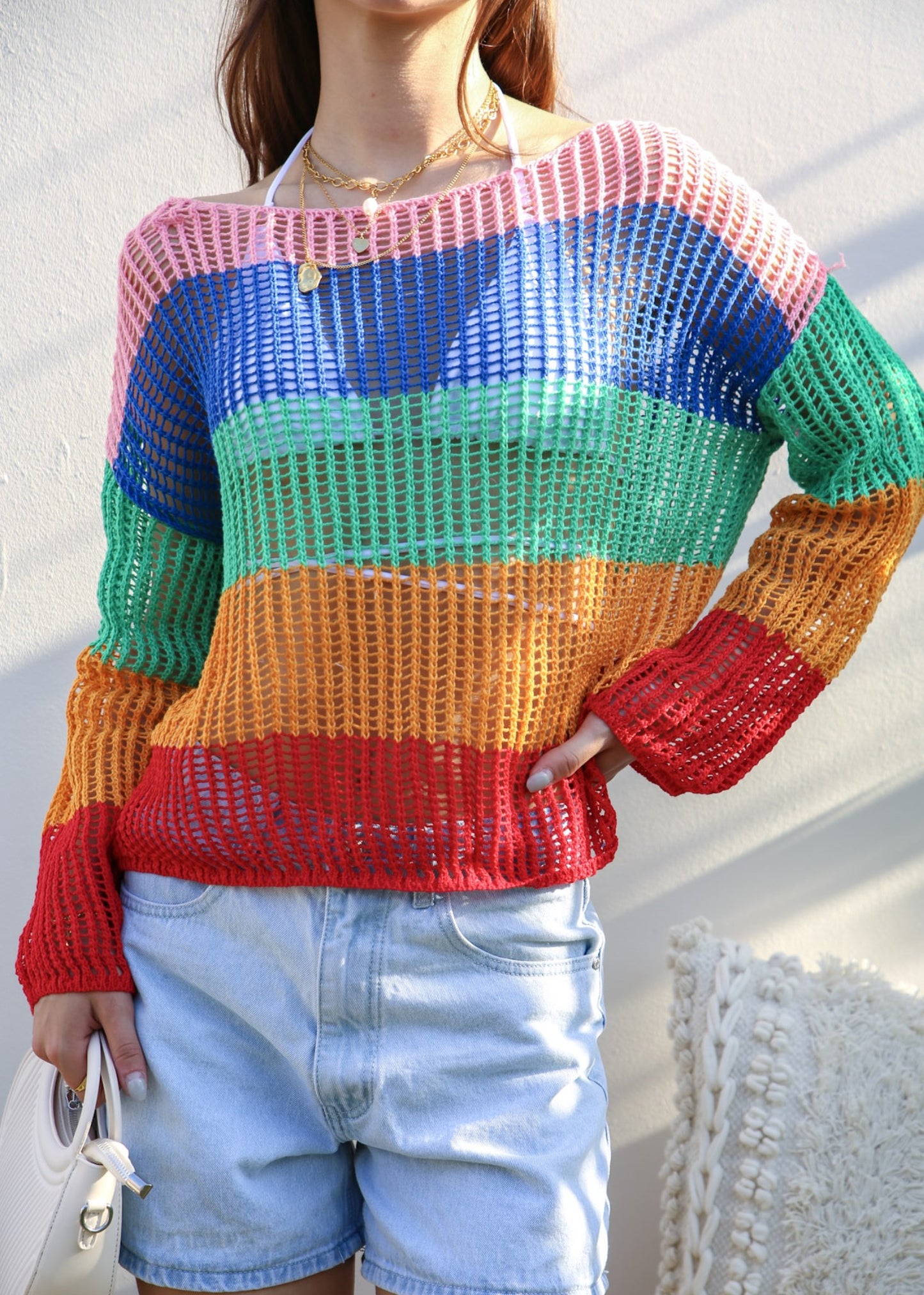 Suéter de crochet de rayas multicolor