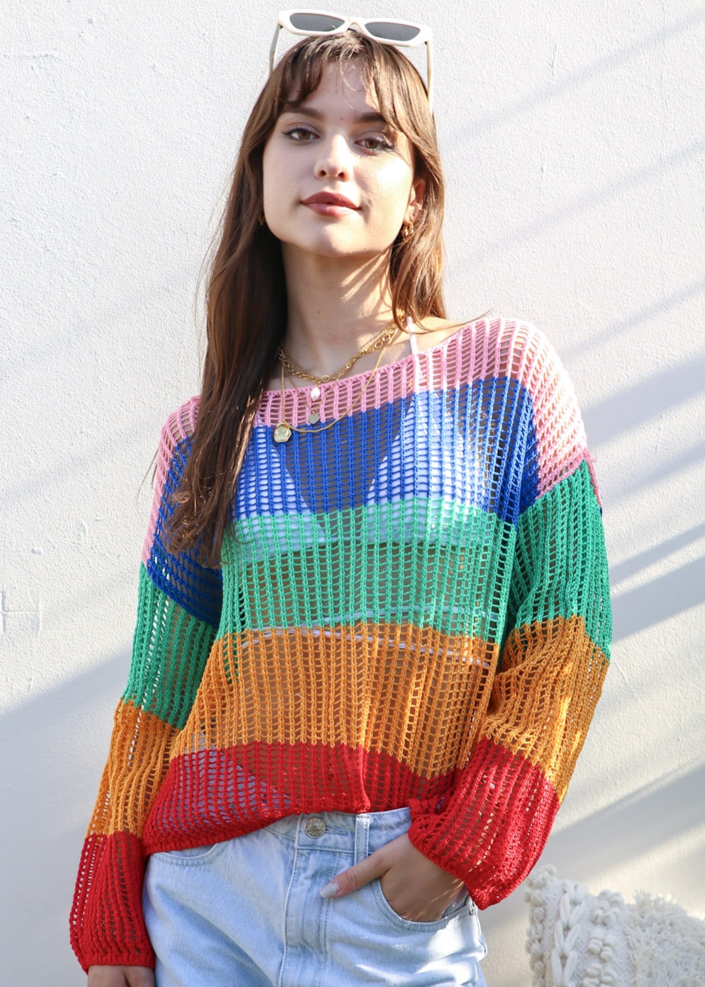 Suéter de crochet de rayas multicolor