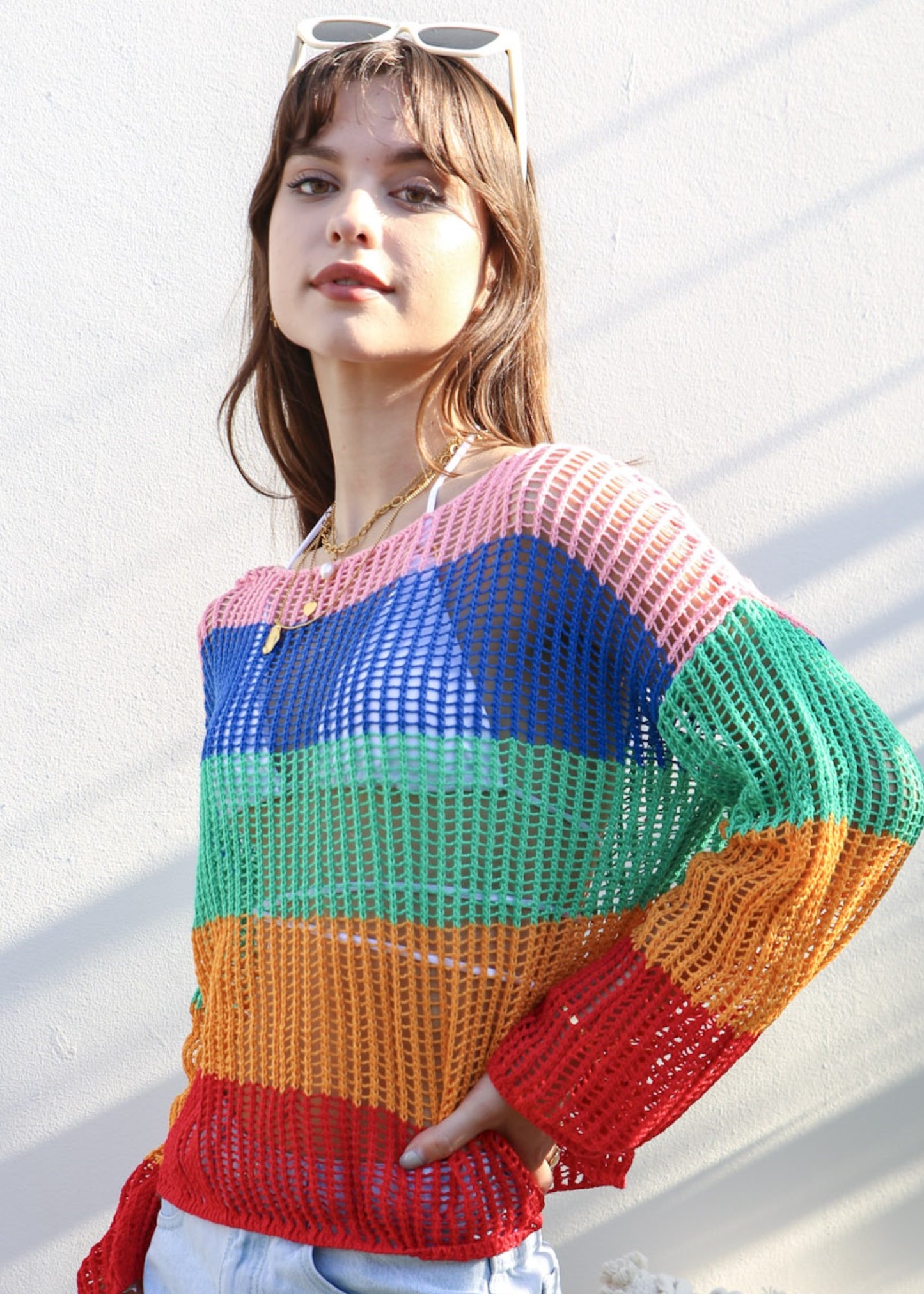 Suéter de crochet de rayas multicolor