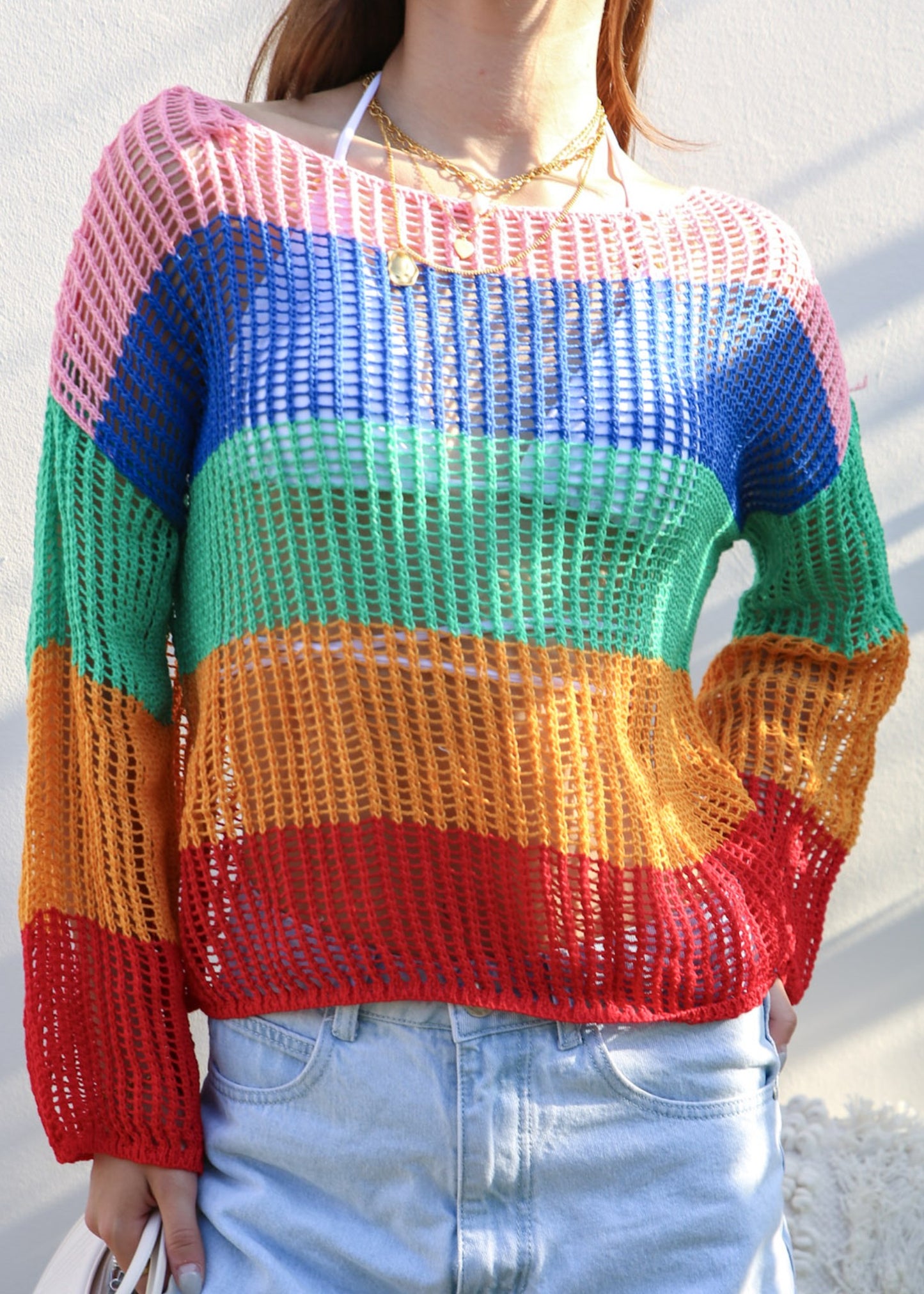 Suéter de crochet de rayas multicolor