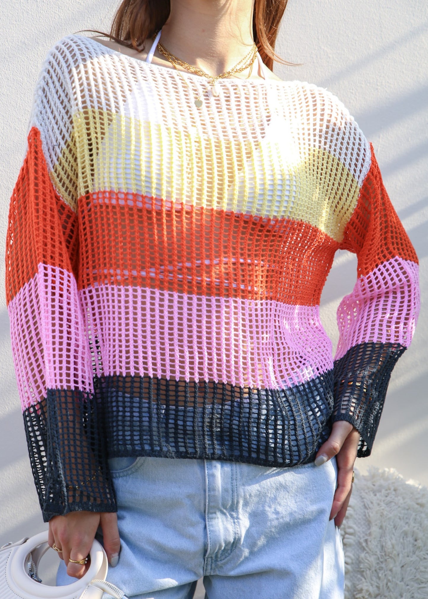 Suéter de crochet de rayas multicolor