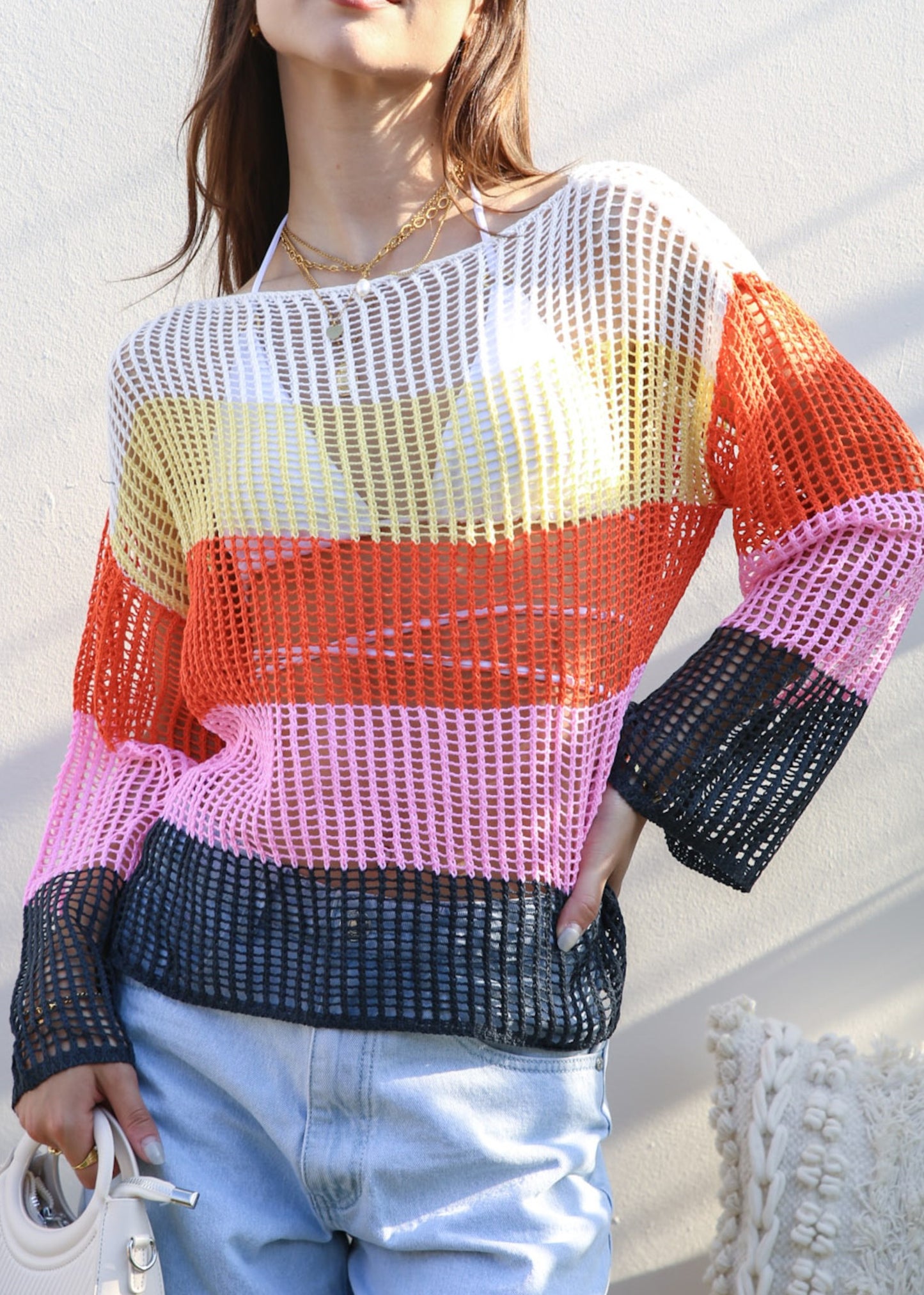 Suéter de crochet de rayas multicolor