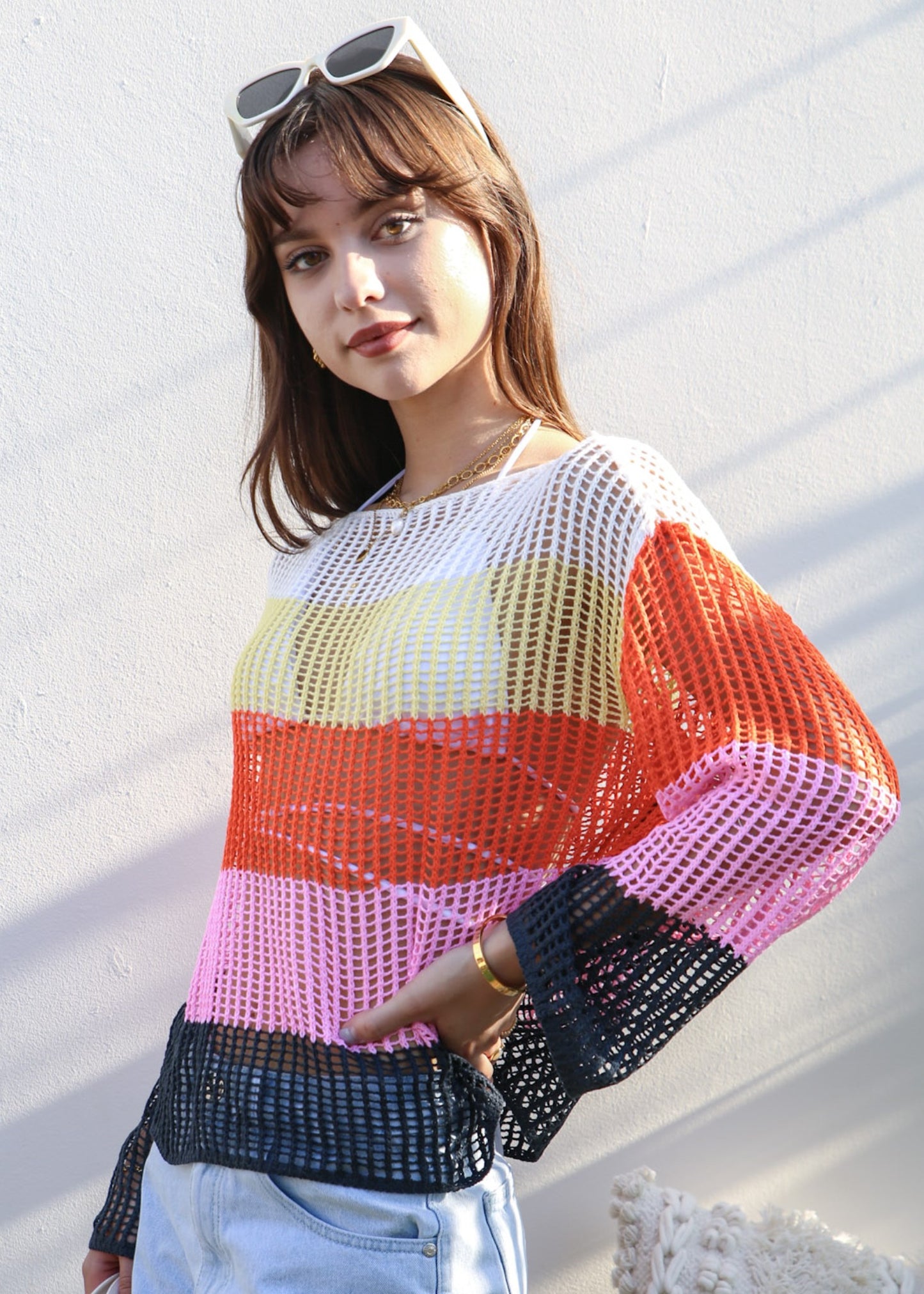 Suéter de crochet de rayas multicolor