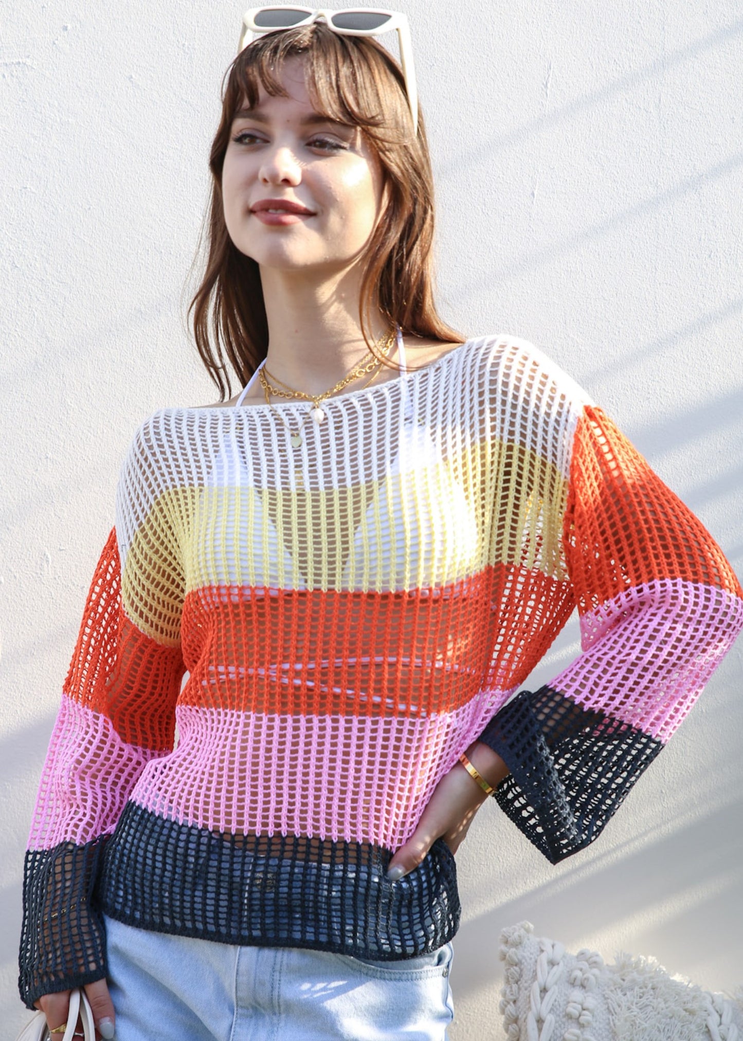 Suéter de crochet de rayas multicolor