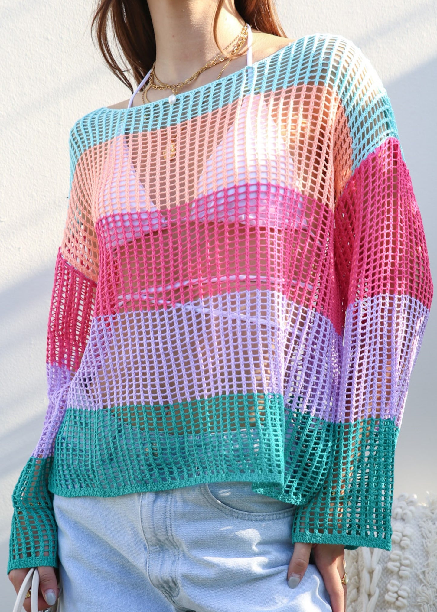 Suéter de crochet de rayas multicolor