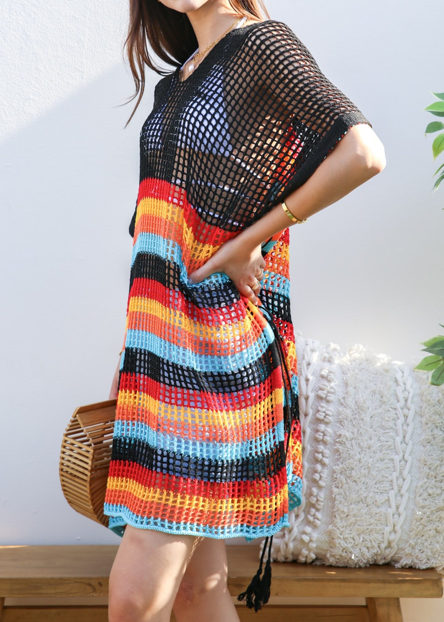 Multicolor Striped Asymmetrical Hem Cover-Up