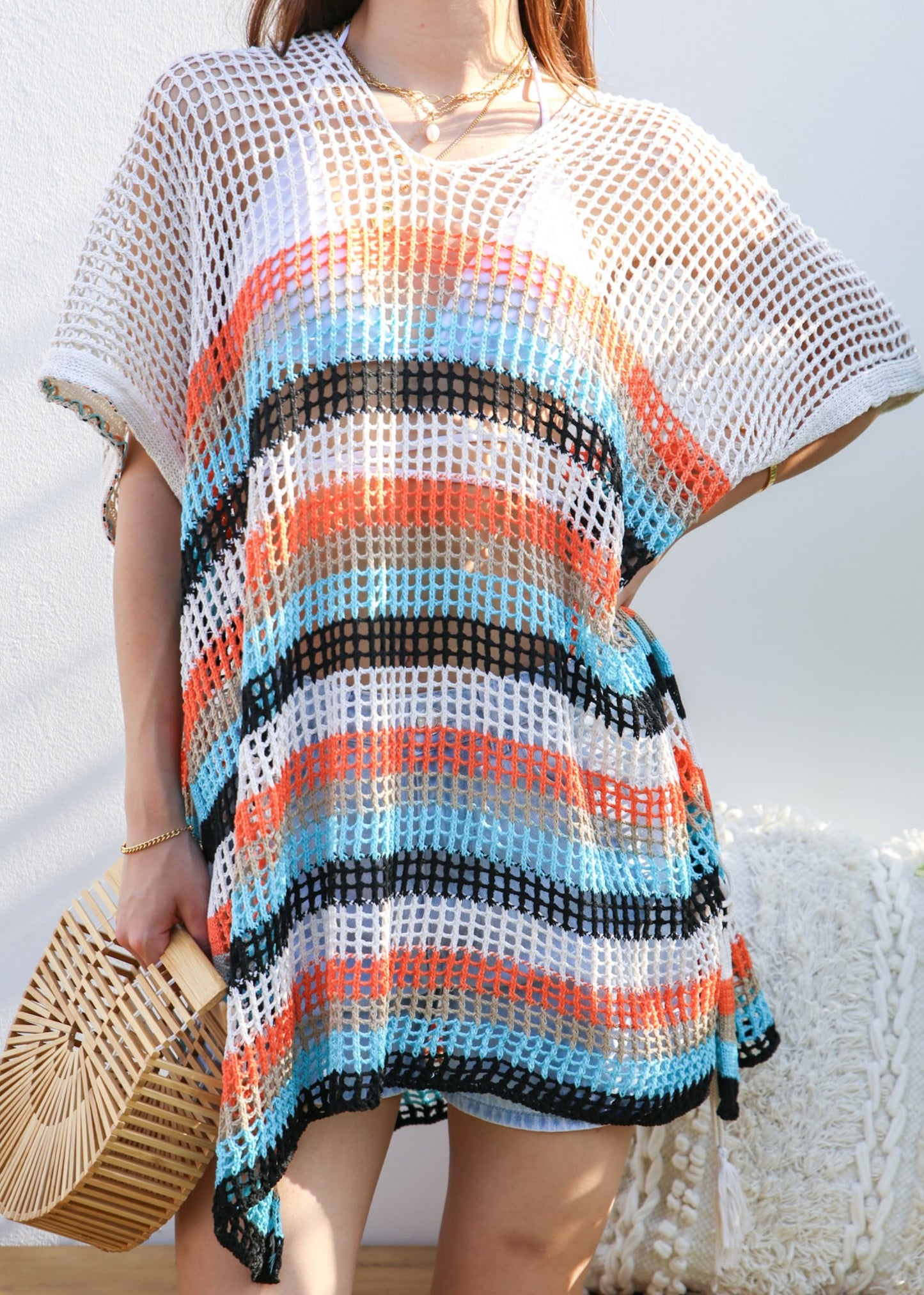 Multicolor Striped Asymmetrical Hem Cover-Up
