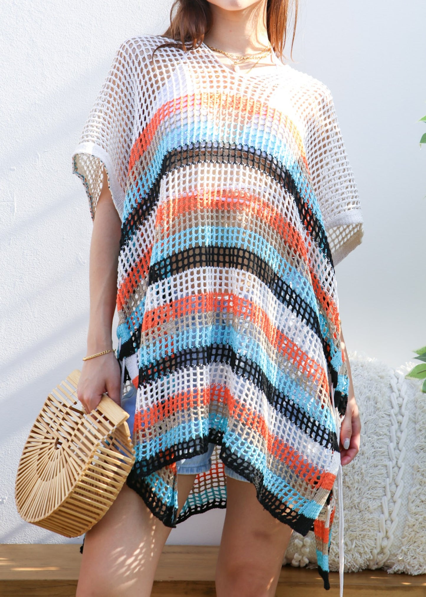 Multicolor Striped Asymmetrical Hem Cover-Up