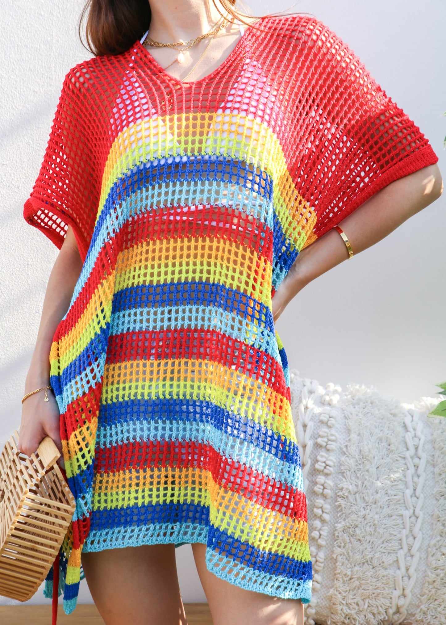 Multicolor Striped Asymmetrical Hem Cover-Up