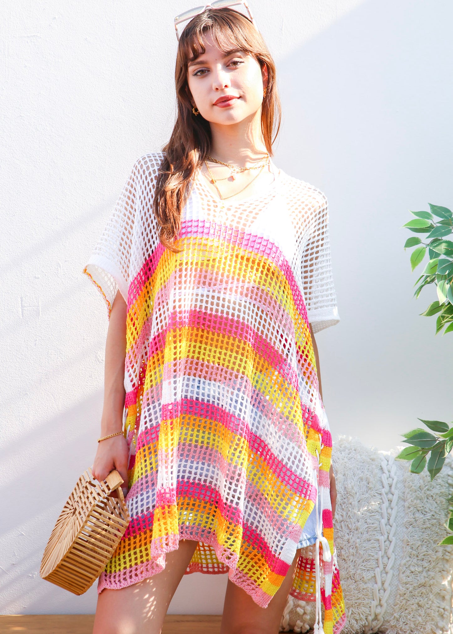 Multicolor Striped Asymmetrical Hem Cover-Up