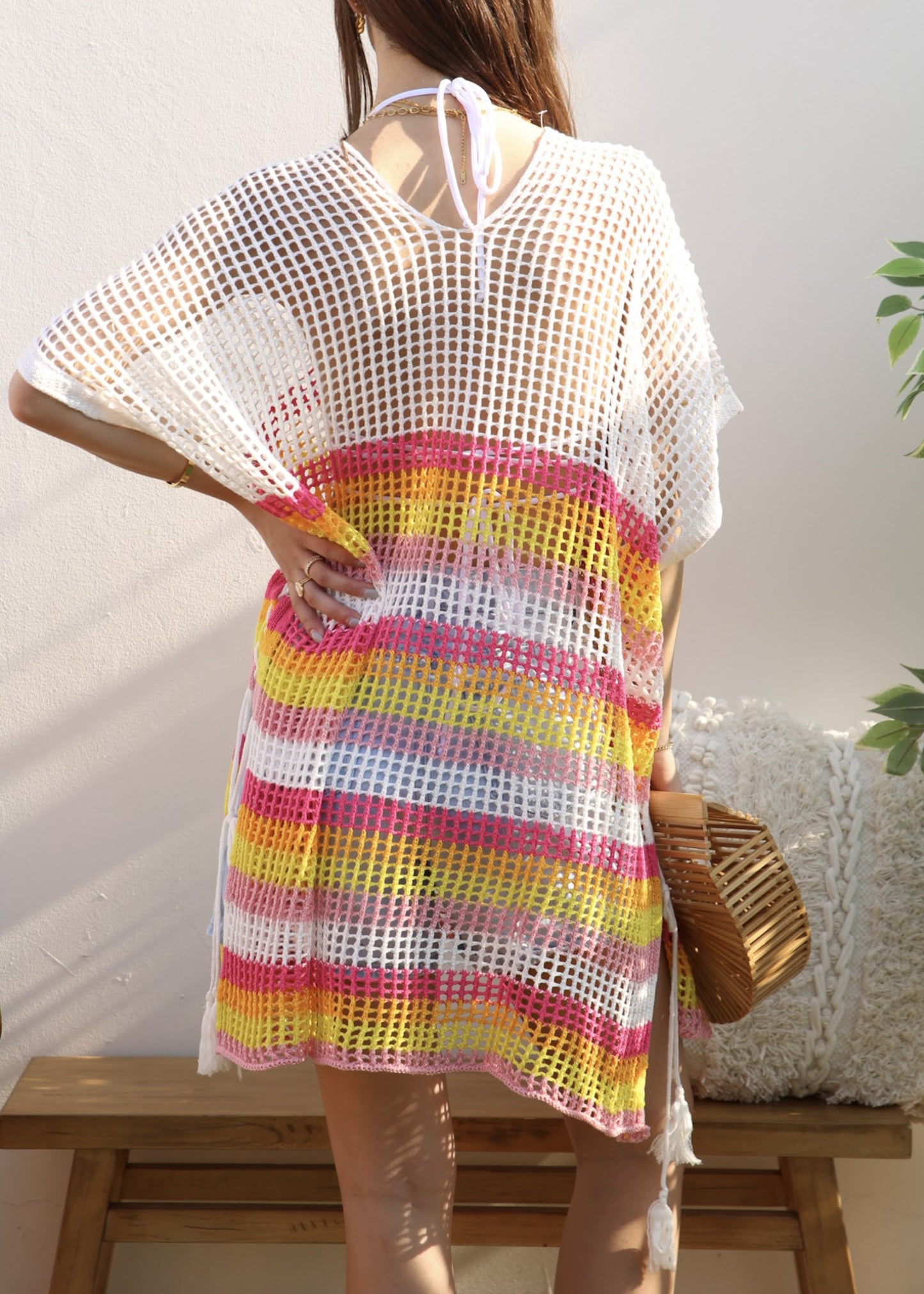 Multicolor Striped Asymmetrical Hem Cover-Up