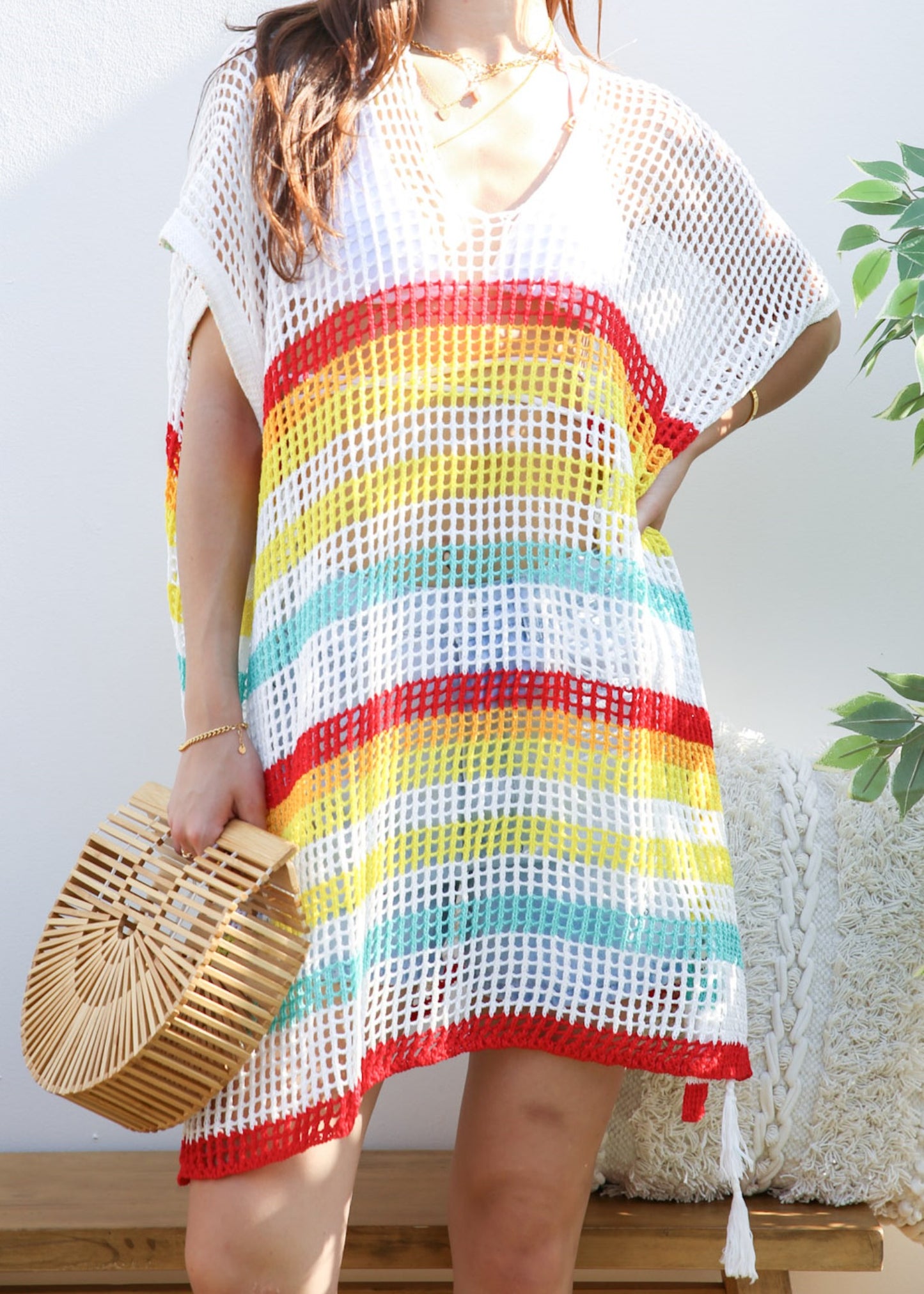 Multicolor Striped Asymmetrical Hem Cover-Up