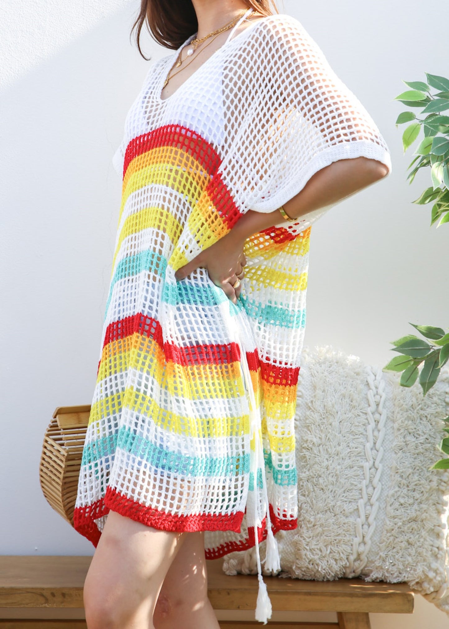 Multicolor Striped Asymmetrical Hem Cover-Up