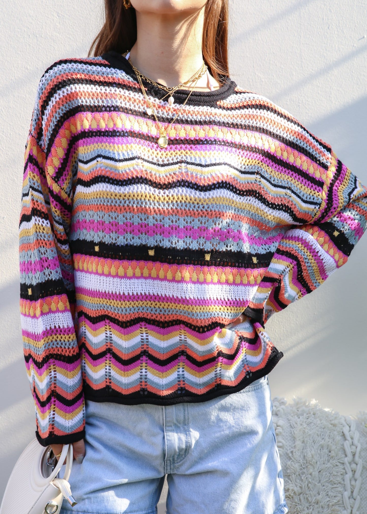 Multicolor Geometric Striped Sweater