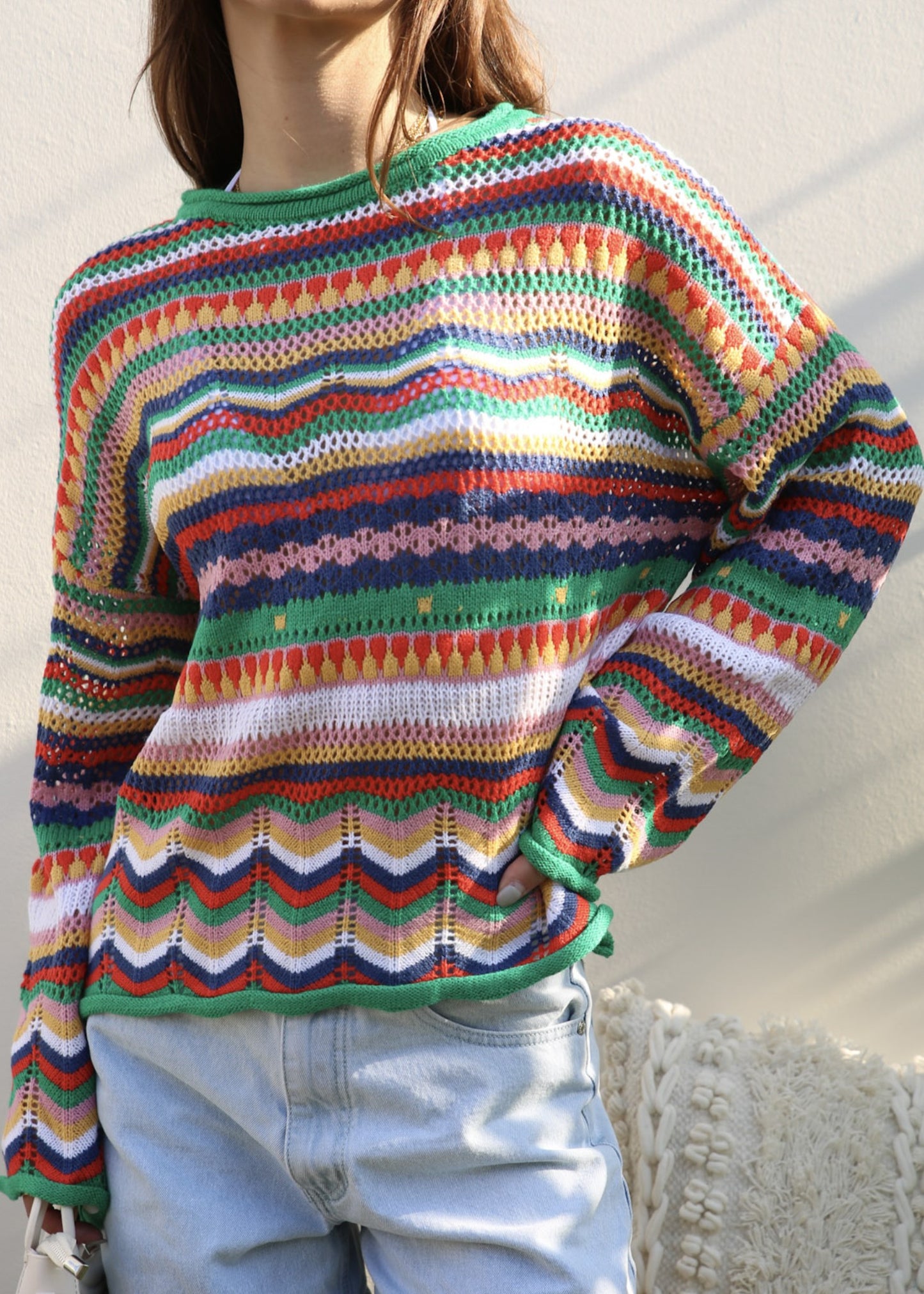 Multicolor Geometric Striped Sweater