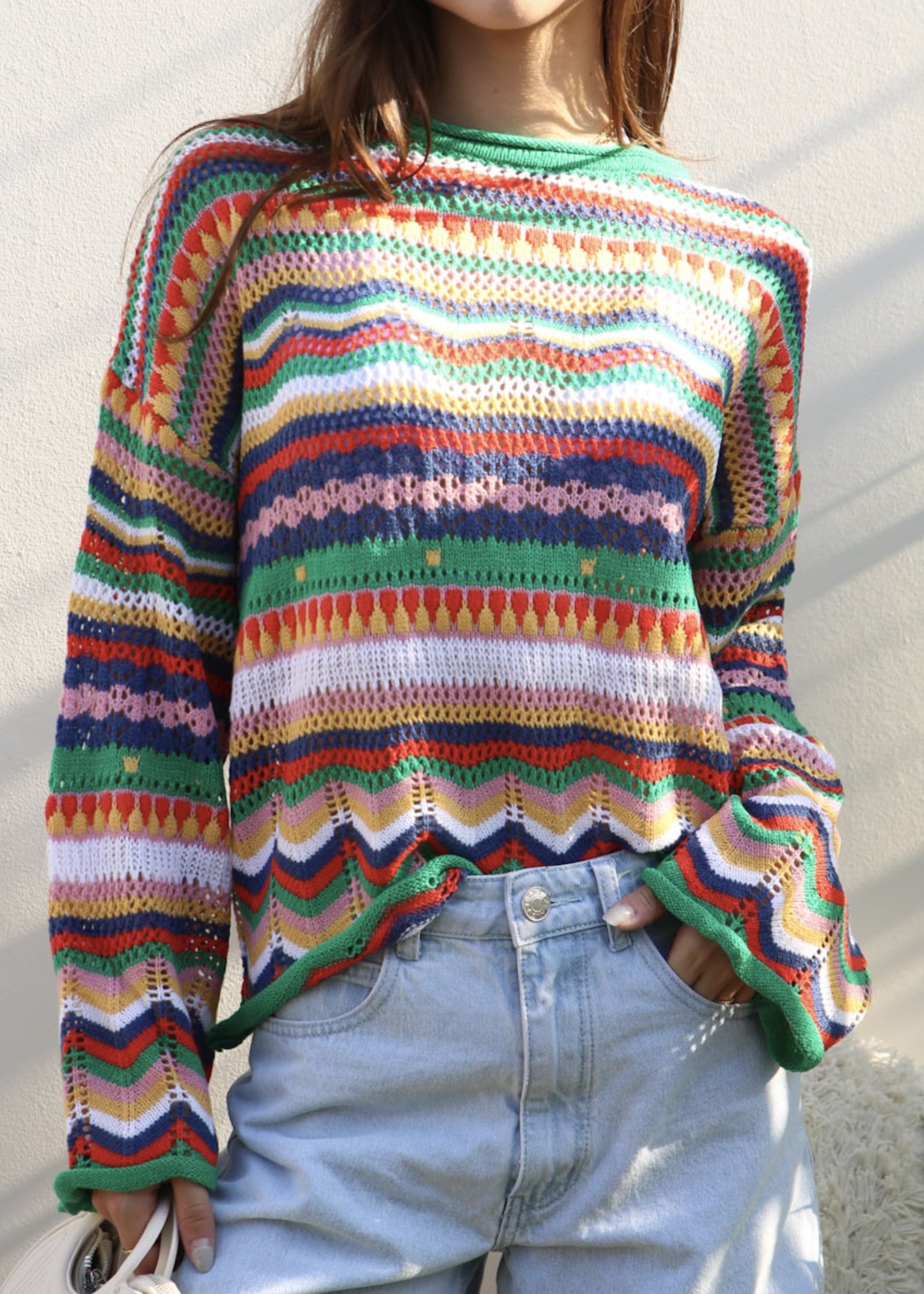 Multicolor Geometric Striped Sweater