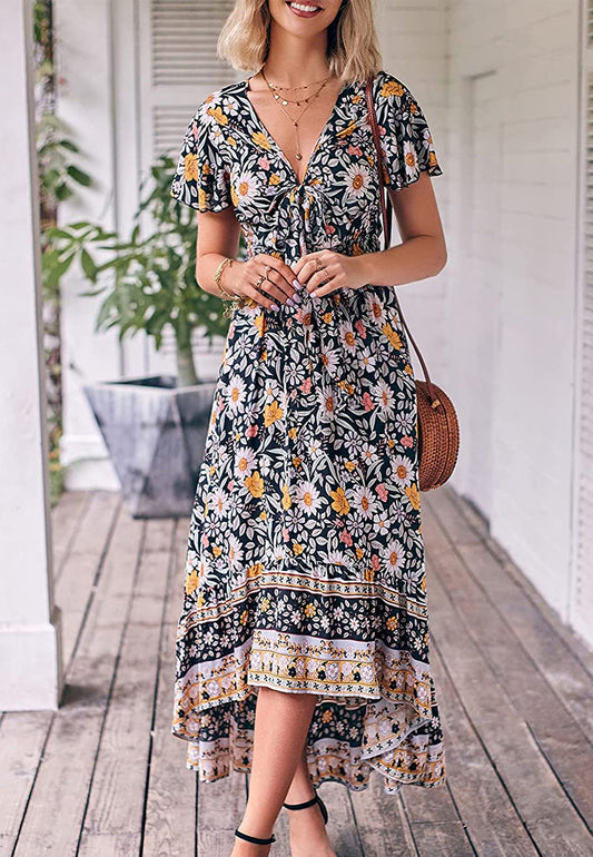 Vestido bohemio con lazo en la parte delantera, corte alto y bajo