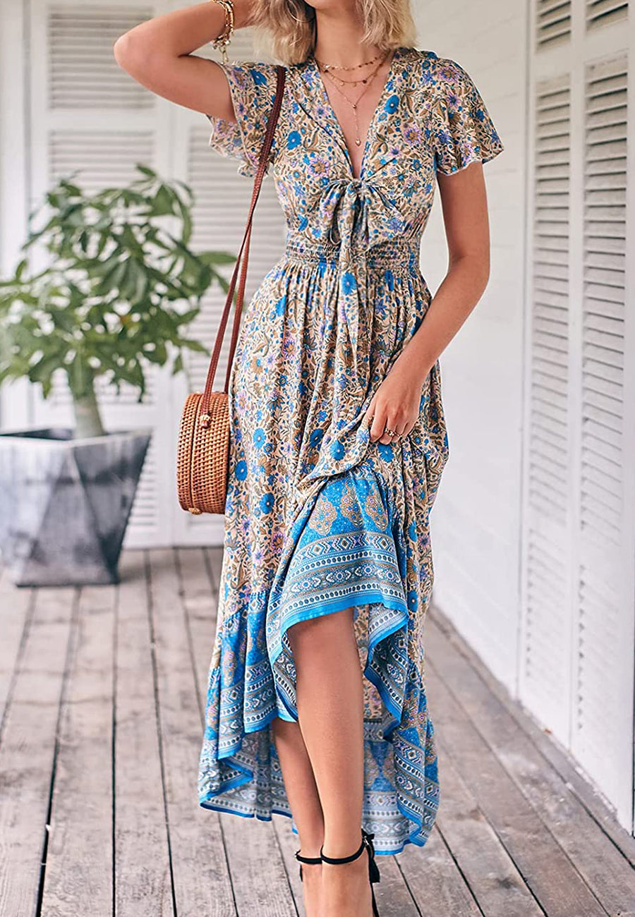 Vestido bohemio con lazo en la parte delantera, corte alto y bajo