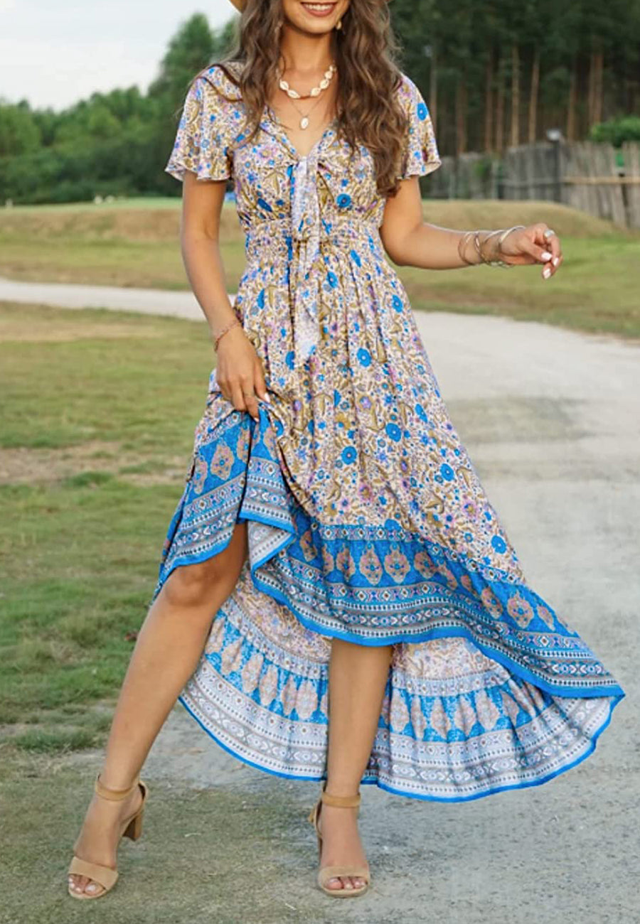 Vestido bohemio con lazo en la parte delantera, corte alto y bajo
