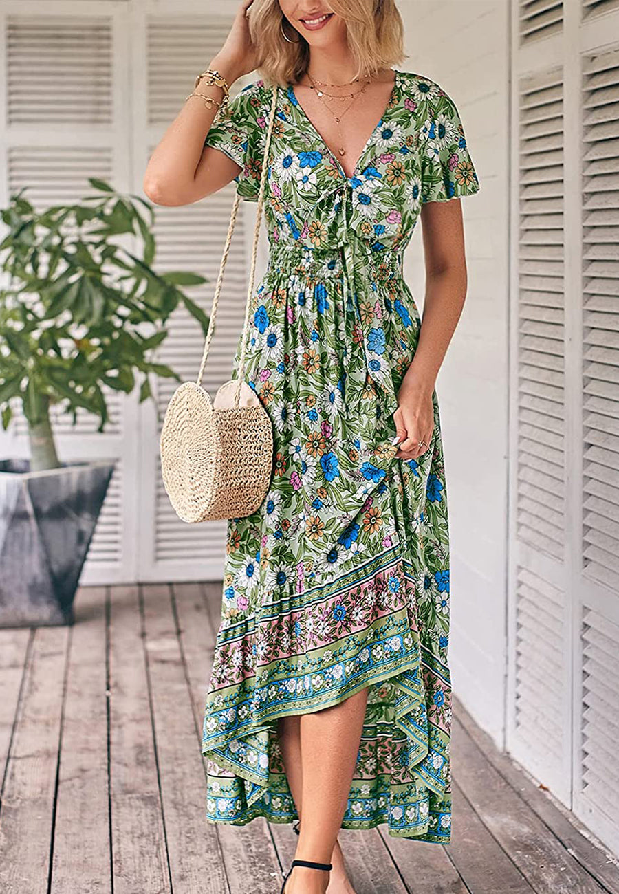 Vestido bohemio con lazo en la parte delantera, corte alto y bajo