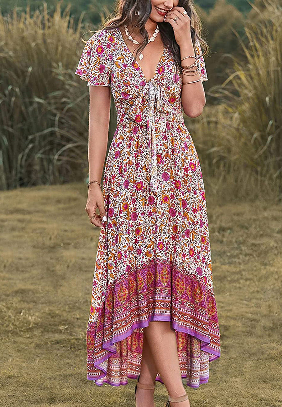 Vestido bohemio con lazo en la parte delantera, corte alto y bajo