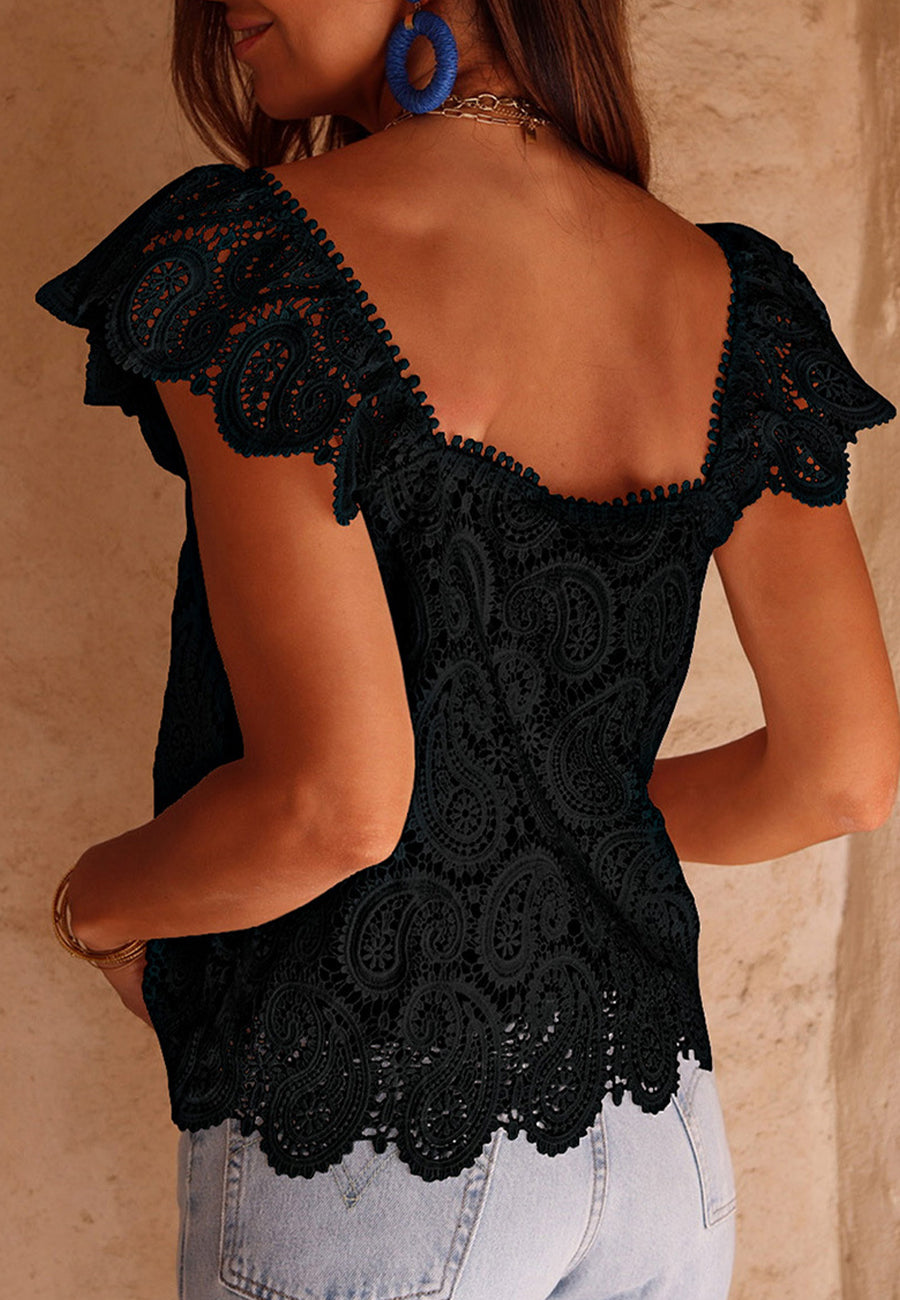 Blusa de encaje con estampado de cachemira y escote cuadrado