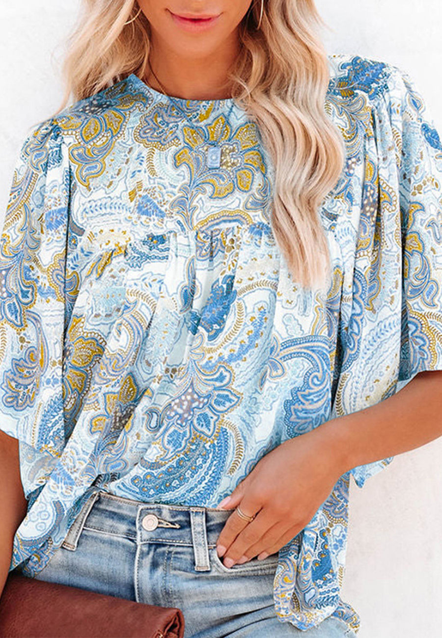 Round Neck Paisley Print Blouse