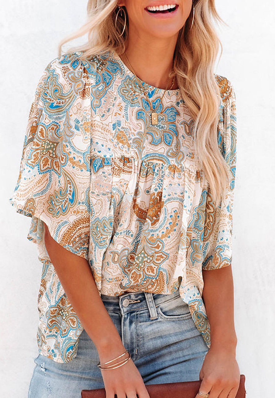 Round Neck Paisley Print Blouse