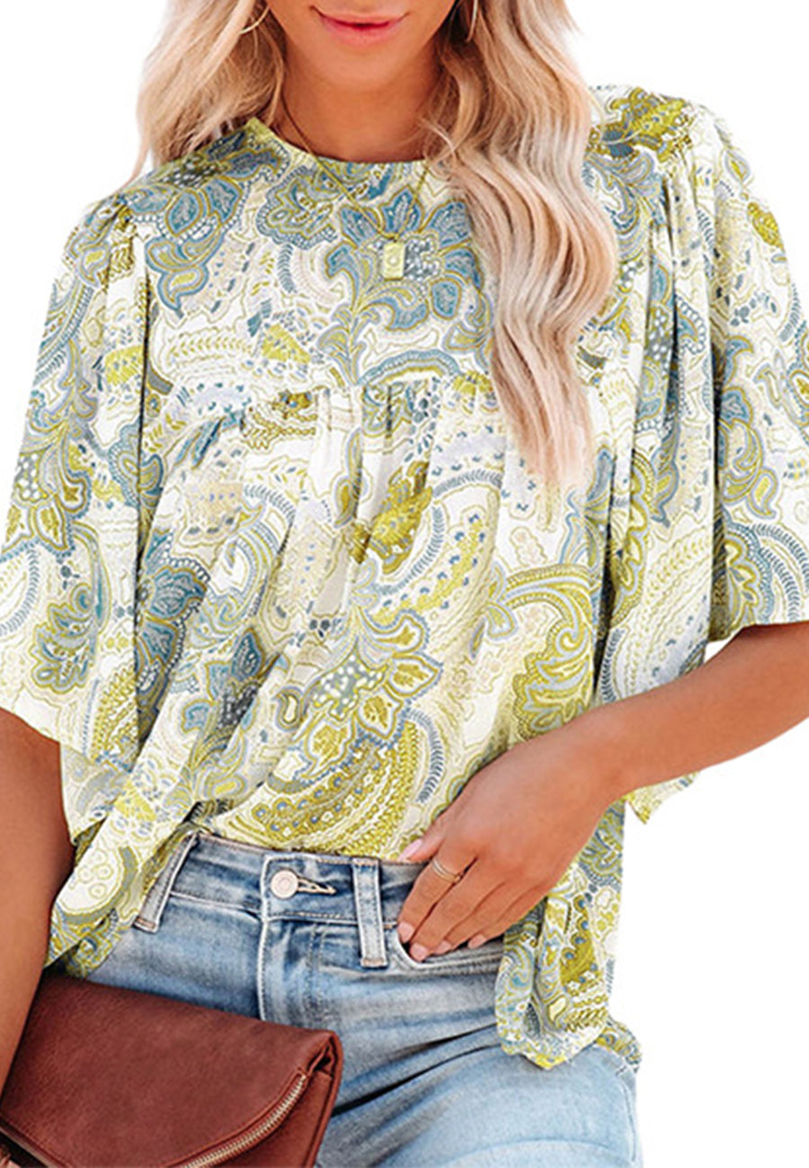 Round Neck Paisley Print Blouse