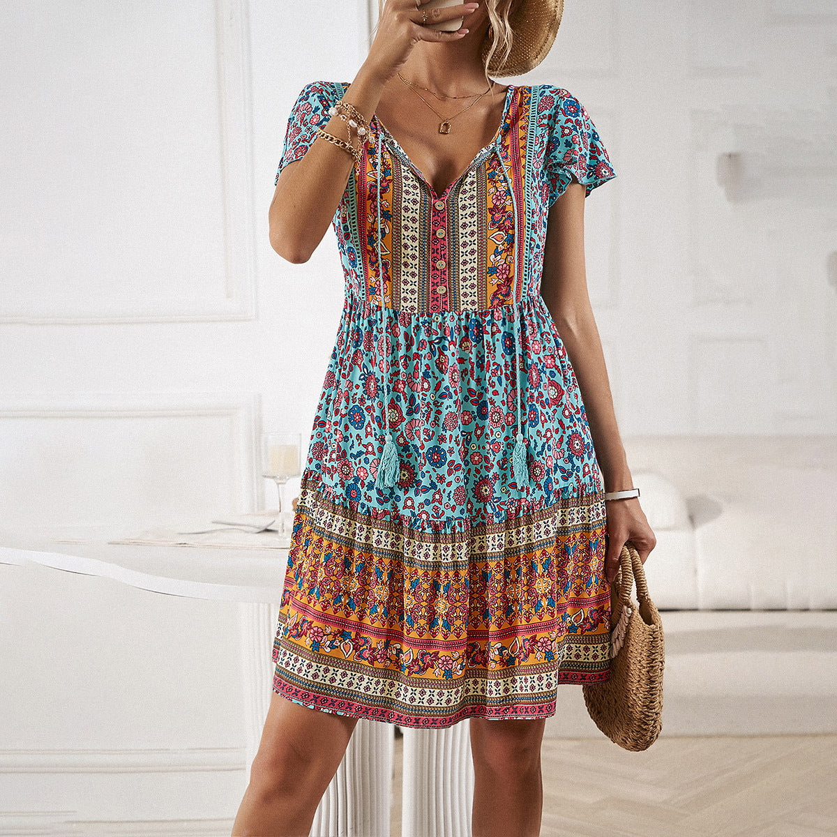 Tassel Tie Neck Bohemian Dress