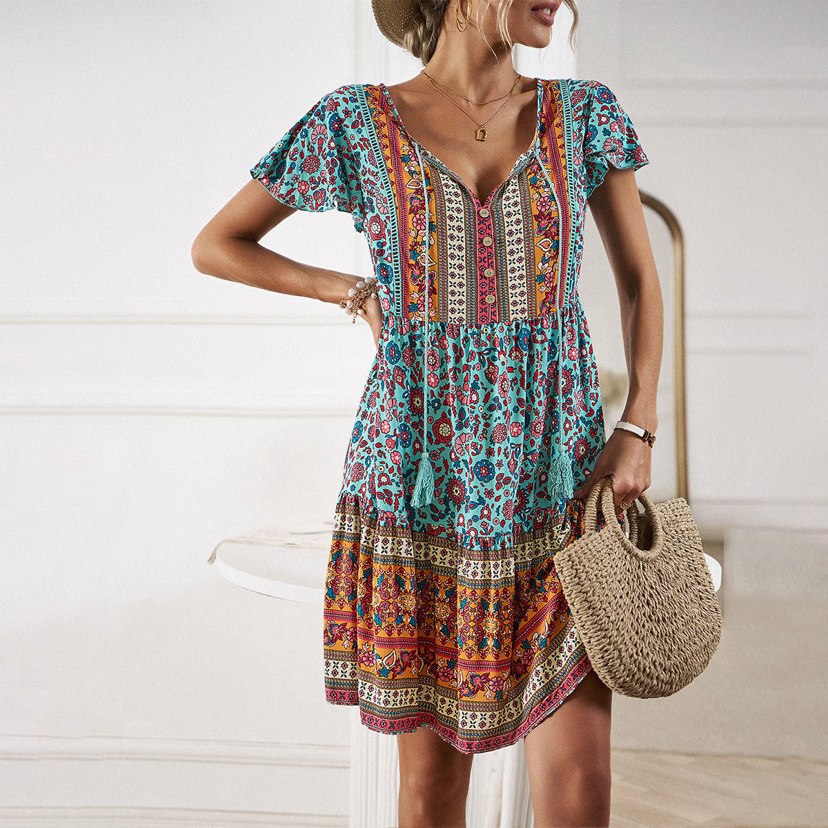 Tassel Tie Neck Bohemian Dress