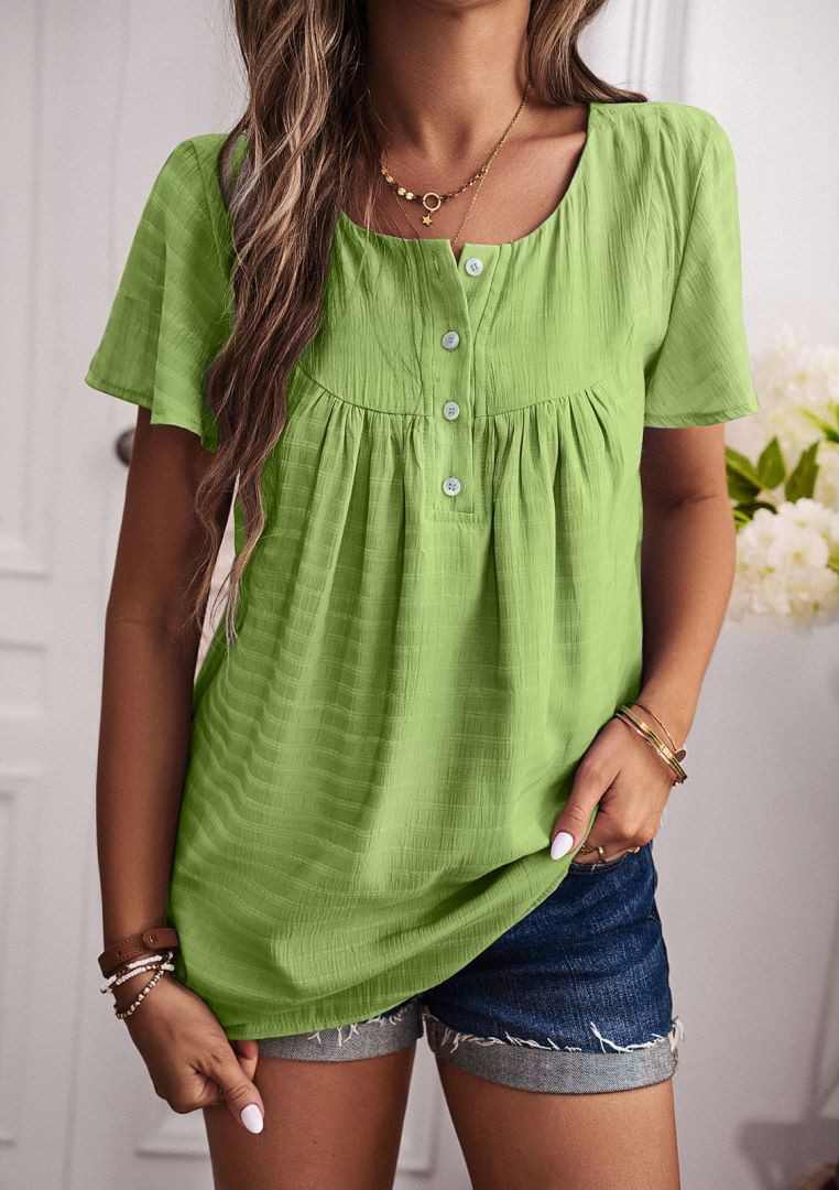 Round Neck Button Textured Top